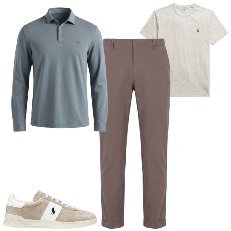 Outfit uomo - Settembre. Stile Urban per Tutti i giorni. Abbinamento con pantaloni, polo, sneakers, t-shirt.