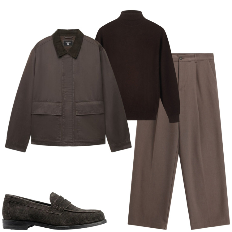Outfit uomo - Tono su tono. Stile Urban per Tutti i giorni. Abbinamento con pantaloni, cappotti, scarpe stringate, pullovers.