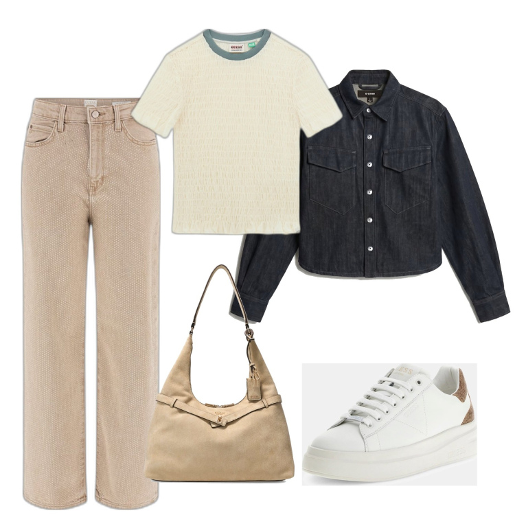 Outfit mujer - Casual #8488. Estilo Casual para Todos los días. Combinación con sneakers, camiseta, vaqueros pata de elefante, camisas, bolsos de hombro.