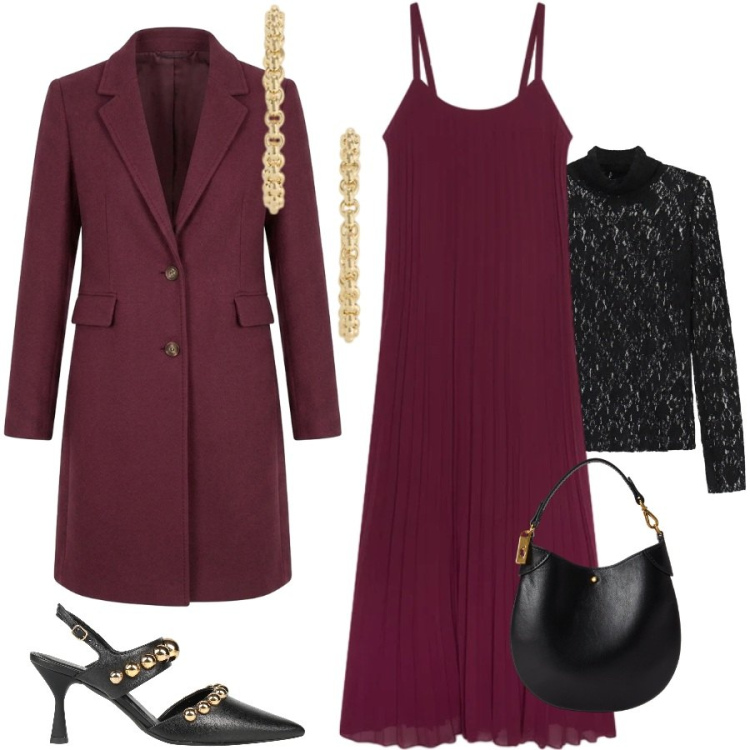 Outfit donna - Colori vino per la sera. Stile Chic per Serata fuori. Abbinamento con décolleté, t-shirt, vestiti lunghi, cappotti, pochette, orecchini.