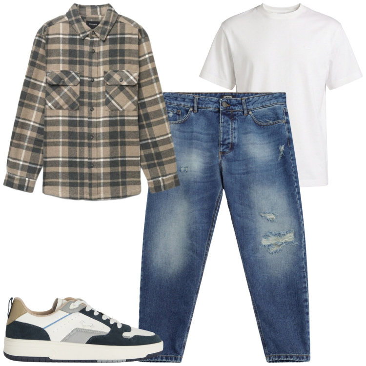 Outfit uomo - City. Stile Trendy per Tutti i giorni. Abbinamento con t-shirt, sneakers, jeans strappati, camicie.