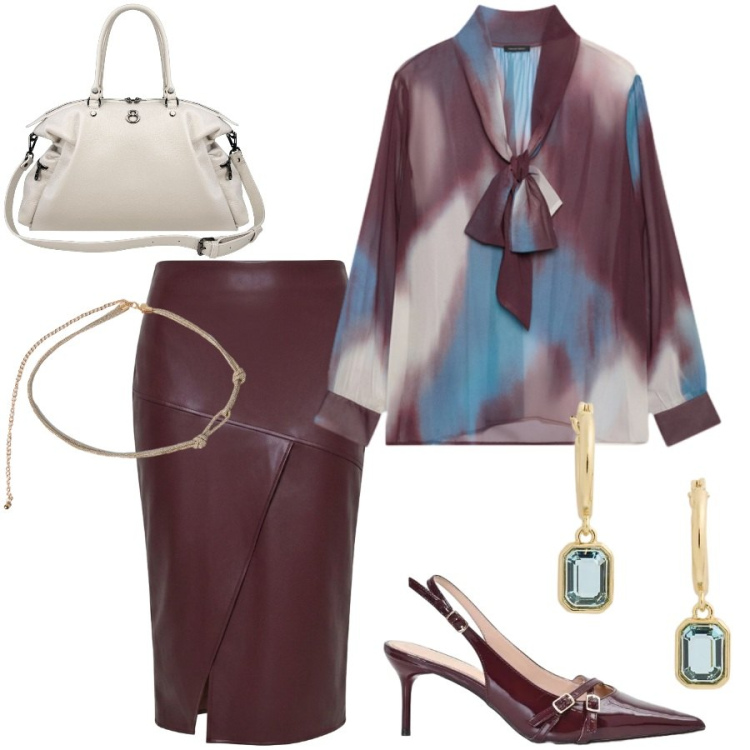 Outfit donna - Giorno e sera. Stile Chic per Tutti i giorni. Abbinamento con gonne longuette, décolleté, bluse, cinture, shopping bag, orecchini.