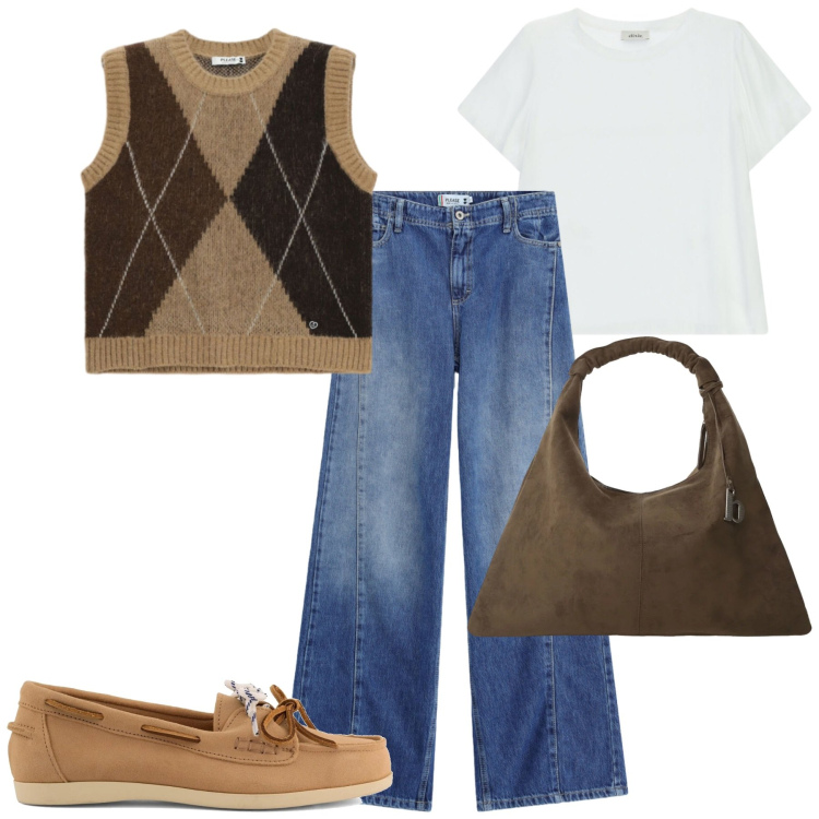 Outfit donna - City. Stile Casual chic per Tutti i giorni. Abbinamento con maglieria, jeans, borse a spalla, t-shirt, mocassini.