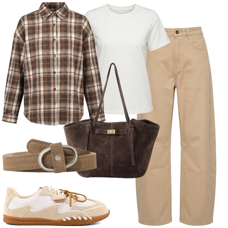 Outfit donna - Settembre. Stile Casual chic per Tutti i giorni. Abbinamento con shopping bag, cinture, jeans, t-shirt, camicie, sneakers.