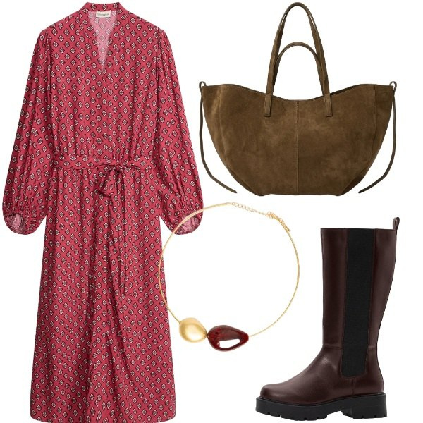Outfit donna - Borsa scamosciata. Stile Casual chic per Tutti i giorni. Abbinamento con vestiti chemisier, stivali, borse tote, collane.