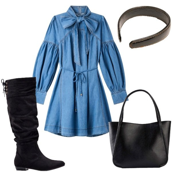 Outfit donna - Abito jeans e stivali. Stile Vintage retrò per Tutti i giorni. Abbinamento con stivali, shopping bag, vestiti chemisier, cerchietti.