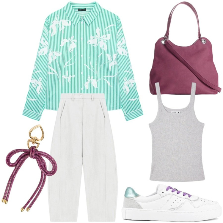 Outfit donna - In città. Stile Casual per Tutti i giorni. Abbinamento con borse a mano, canottiere, pantaloni, camicie, portachiavi, sneakers.