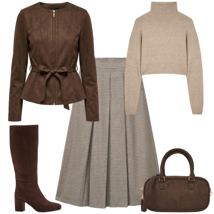 Outfit donna - Casual chic autunno. Stile Casual chic per Tutti i giorni. Abbinamento con stivali, maglieria, borse a tracolla, gonne longuette, blazer.