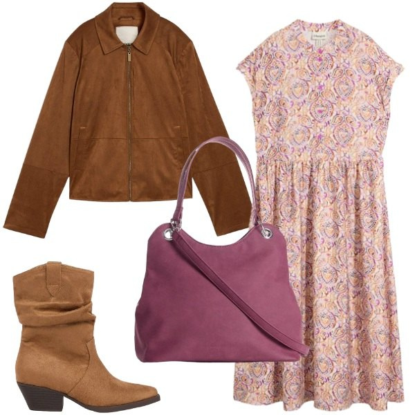 Outfit donna - abito e texani. Stile Trendy per Tutti i giorni. Abbinamento con blazer, vestiti midi/longuette, borse a mano, stivaletti texani.