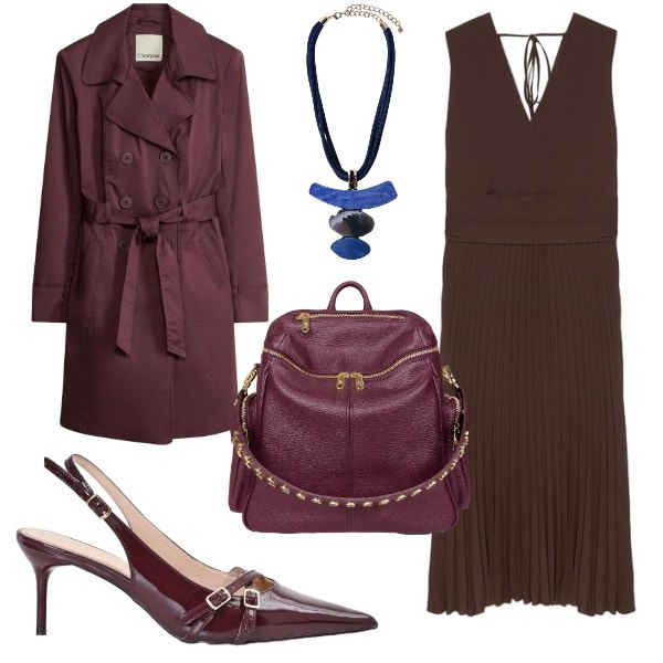 Outfit donna - Colori autunnali. Stile Chic per Ufficio. Abbinamento con trench, décolleté, vestiti midi/longuette, ciondoli, zaini.