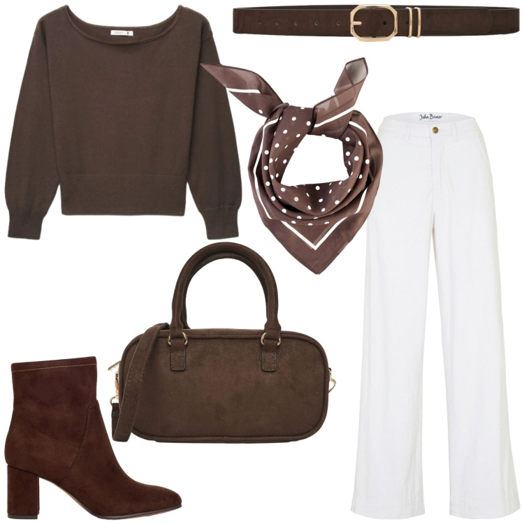 Outfit donna - Elegant workwear outfit. Stile Chic per Ufficio. Abbinamento con jeans, foulard, stivaletti, borse a tracolla, cinture, maglieria.