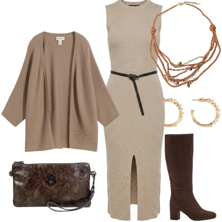 Outfit donna - Total look #2471039. Stile Casual chic per Ufficio. Abbinamento con stivali, cardigans, orecchini, collane, pochette, vestiti midi/longuette.