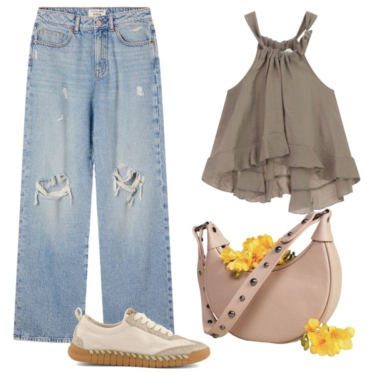 Outfit donna - Total look #2471042. Stile Casual per Tutti i giorni. Abbinamento con borse a spalla, top, jeans strappati, sneakers.