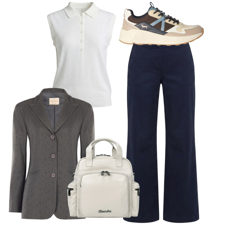 Outfit donna - Eleganza per il rientro - Focus Donna Cu. Stile Bon Ton per Ufficio. Abbinamento con polo, sneakers, pantaloni, blazer, zaini.
