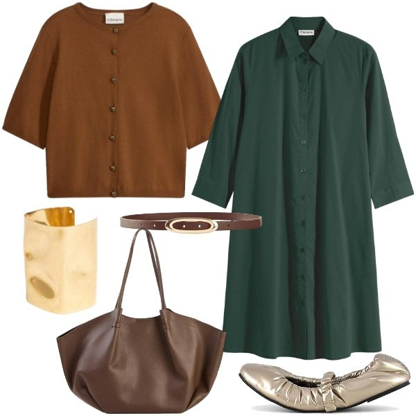 Outfit donna - Colori del bosco. Stile Casual chic per Tutti i giorni. Abbinamento con vestiti chemisier, shopping bag, cardigans, cinture, braccialetti, ballerine.