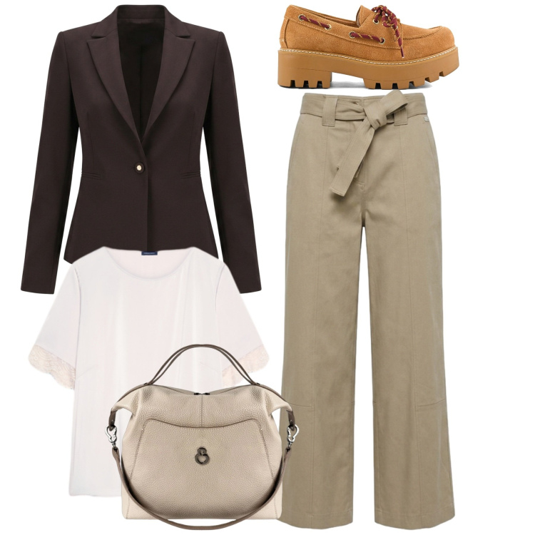 Outfit donna - Eleganza per il rientro - Focus Donna Cu. Stile Bon Ton per Ufficio. Abbinamento con pantaloni, blazer, t-shirt, borse a mano, mocassini.