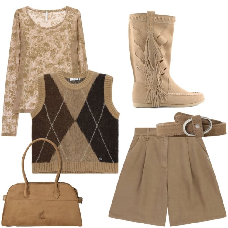 Outfit donna - Tartan autunnale. Stile Preppy per Tutti i giorni. Abbinamento con top, borse a spalla, cinture, bermuda, maglieria, stivali.