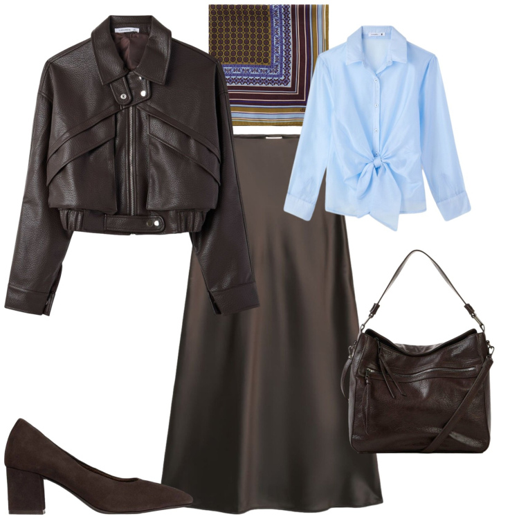 Outfit donna - Casual chic ufficio tempo libero. Stile Casual chic per Tutti i giorni. Abbinamento con shopping bag, décolleté, foulard, camicie, bomber, gonne lunghe.