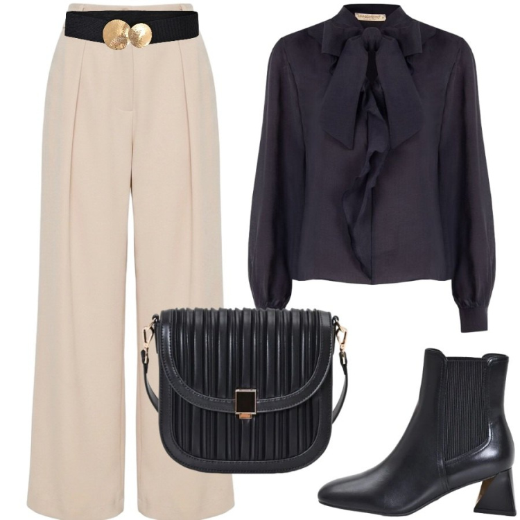 Outfit donna - Total look #2471051. Stile Casual chic per Serata fuori. Abbinamento con bluse, borse a tracolla, cinture, pantaloni a palazzo, stivaletti.