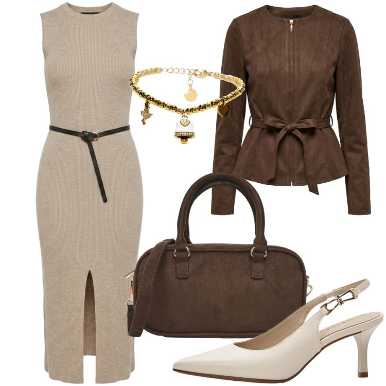 Outfit donna - Beige e cioccolato. Stile Chic per Ufficio. Abbinamento con décolleté, borse a tracolla, braccialetti, vestiti midi/longuette, blazer.