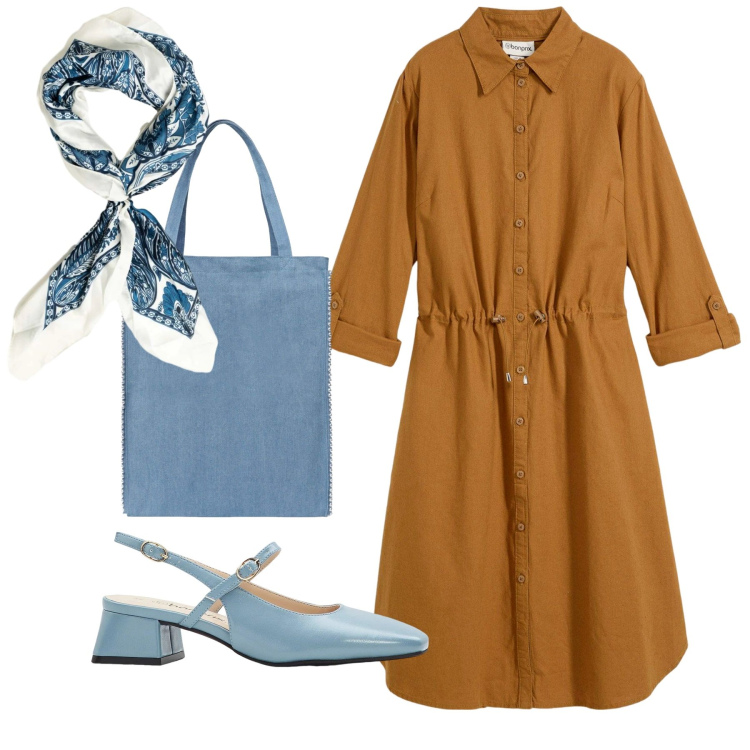 Outfit donna - Il vestito chemisier autunnale - Focus D. Stile Bon Ton per Ufficio. Abbinamento con décolleté, vestiti chemisier, borse tote, foulard.