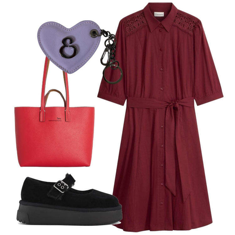 Outfit donna - Il vestito chemisier autunnale - Focus D. Stile Bon Ton per Ufficio. Abbinamento con vestiti chemisier, shopping bag, portachiavi, décolleté.