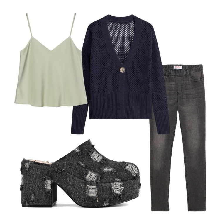 Outfit donna - Settembre. Stile Urban per Tutti i giorni. Abbinamento con jeggings, cardigans, top, sabot.