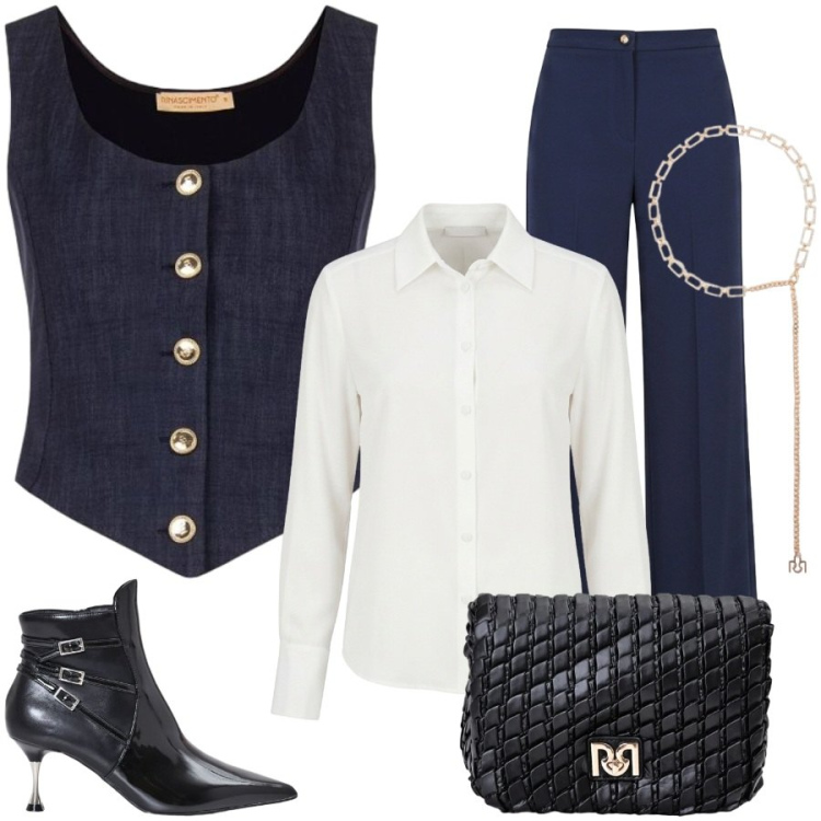 Outfit donna - Total look #2471057. Stile Glamour per Serata fuori. Abbinamento con cinture, gilet, borse a tracolla, stivaletti, pantaloni a palazzo, camicie.