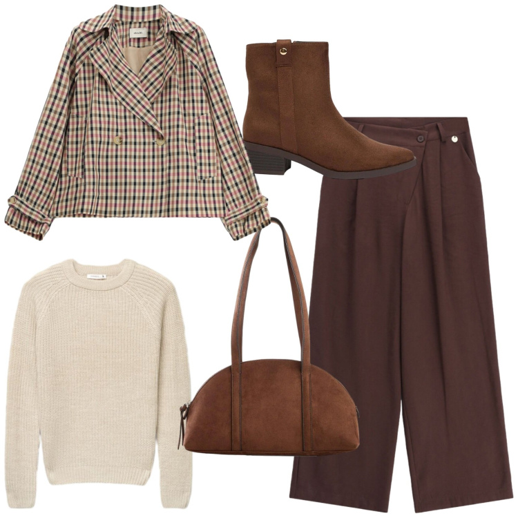 Outfit donna - Elegant workwear ideas. Stile Casual chic per Ufficio. Abbinamento con borse a tracolla, stivaletti, pantaloni a palazzo, giacche, maglieria.