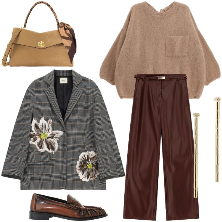 Outfit donna - Giacca tartan insolita. Stile Trendy per Tutti i giorni. Abbinamento con mocassini, pantaloni, blazer, pullovers, orecchini, borse a mano.