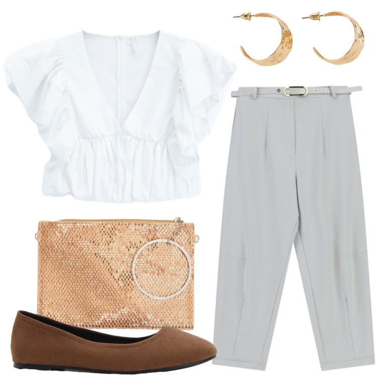 Outfit donna - A pranzo con le amiche. Stile Minimal per Tutti i giorni. Abbinamento con ballerine, orecchini, pantaloni, top, pochette.