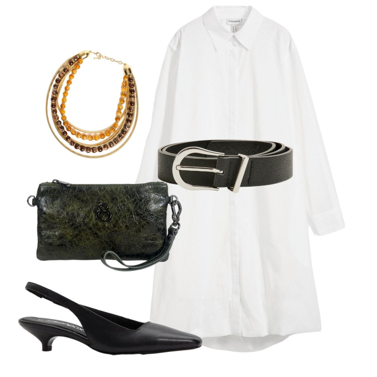 Outfit donna - Il vestito chemisier autunnale - Focus D. Stile Chic per Tutti i giorni. Abbinamento con vestiti chemisier, décolleté, cinture, pochette, collane.