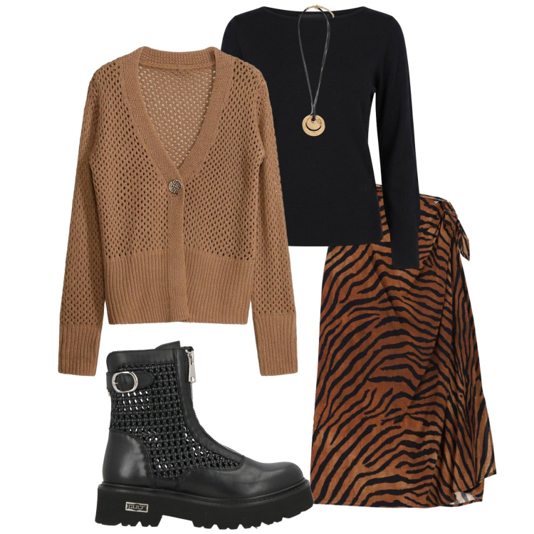 Outfit donna - Casual style. Stile Casual chic per Tutti i giorni. Abbinamento con stivaletti, cardigans, gonne longuette, maglieria, ciondoli.