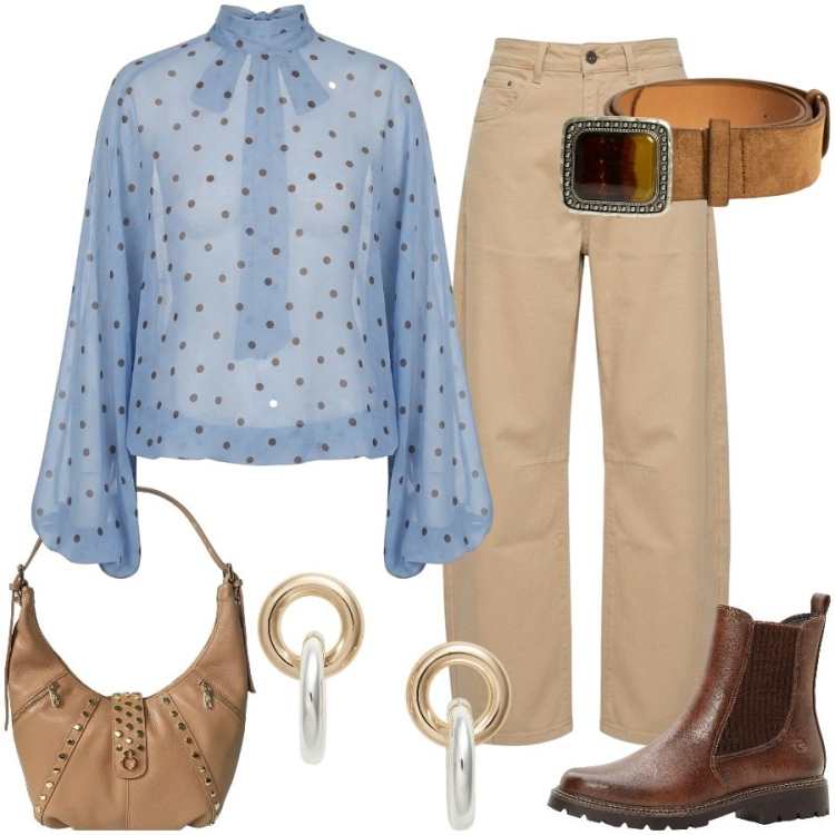 Outfit donna - Cintura gioiello e camicia a pois. Stile Casual chic per Tutti i giorni. Abbinamento con stivaletti, borse a spalla, bluse, jeans, cinture, orecchini.