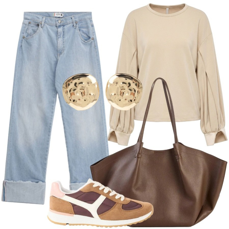 Outfit donna - Sneakers e jeans in ufficio. Stile Trendy per Ufficio. Abbinamento con shopping bag, sneakers, felpe, orecchini, jeans dritti.