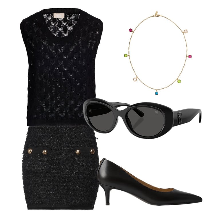 Outfit donna - Black chic. Stile Chic per Serata fuori. Abbinamento con pullovers, minigonne, occhiali da sole, décolleté, collane.