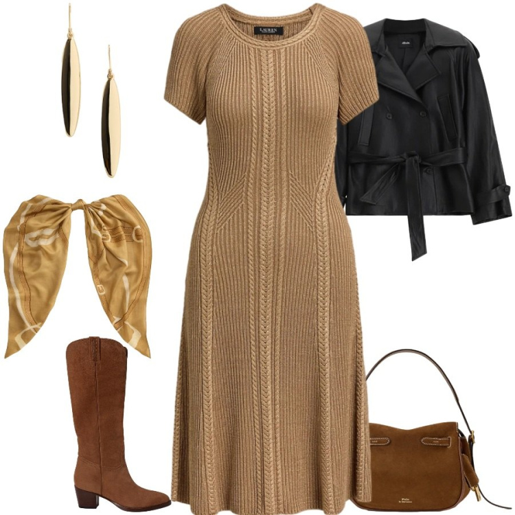 Outfit donna - Total look #2471076. Stile Casual chic per Tutti i giorni. Abbinamento con trench, borse a mano, orecchini, vestiti, foulard, stivali.