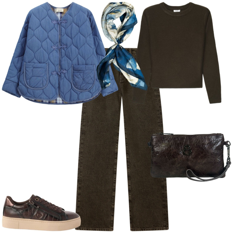 Outfit donna - Casual chic ufficio tempo libero. Stile Casual chic per Tutti i giorni. Abbinamento con sneakers, giacche, jeans dritti, maglieria, pochette, foulard.
