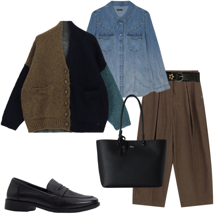 Outfit donna - Ritorno dei mocassini. Stile Casual chic per Ufficio. Abbinamento con mocassini, shopping bag, pantaloni a palazzo, cardigans, camicie, cinture.