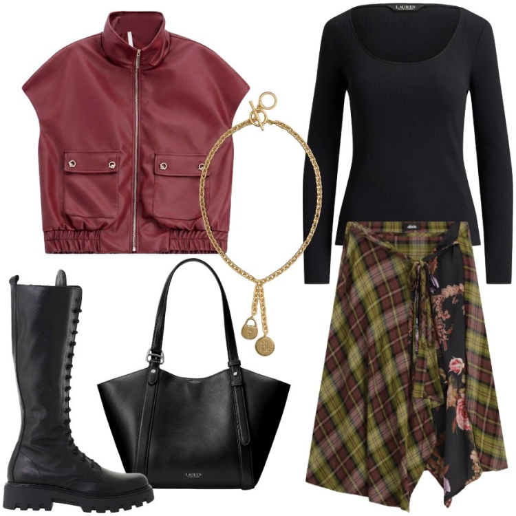 Outfit donna - Tartan in città. Stile Urban per Tutti i giorni. Abbinamento con blazer, gonne longuette, stivali, borse tote, ciondoli, t-shirt.