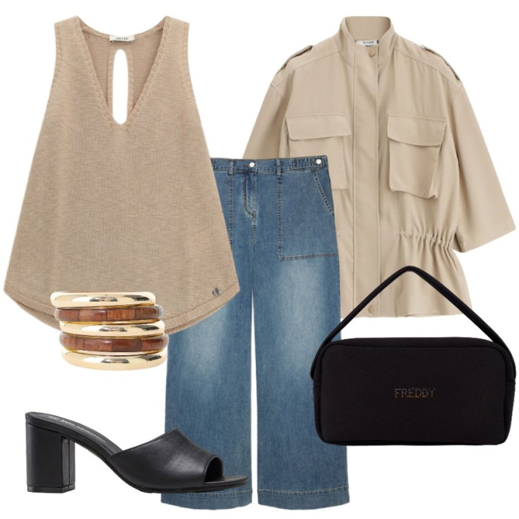 Outfit donna - Scarpe aperte a settembre. Stile Sporty chic per Tutti i giorni. Abbinamento con sandali col tacco, canottiere, braccialetti, parka, borse a mano, jeans.