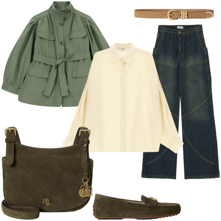 Outfit donna - Total look #2471082. Stile Casual chic per Tutti i giorni. Abbinamento con cappotti, jeans, camicie, mocassini, borse a tracolla, cinture.