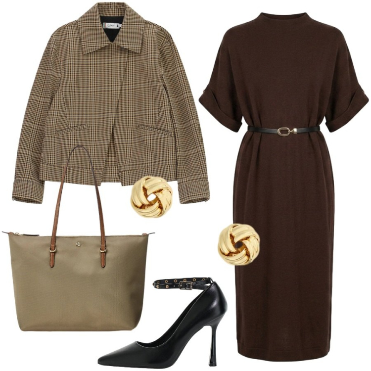 Outfit donna - In ufficio. Stile Chic per Ufficio. Abbinamento con décolleté, cappotti, vestiti midi/longuette, borse tote, orecchini.