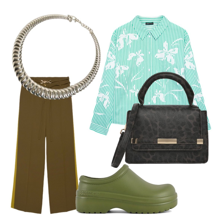 Outfit donna - Classica con classe. Stile Casual chic per Tutti i giorni. Abbinamento con borse a tracolla, camicie, pantaloni, collane, zoccoli.