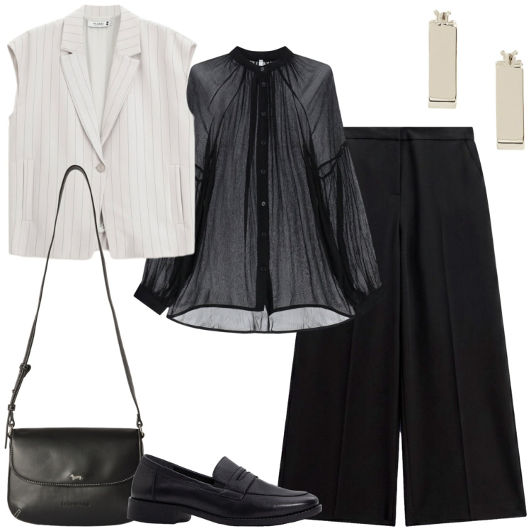 Outfit donna - Urban layering. Stile Urban per Ufficio. Abbinamento con mocassini, borse a tracolla, camicie, pantaloni a palazzo, gilet, orecchini.