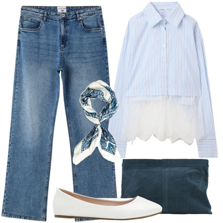 Outfit donna - Un giro in centro. Stile Romantica per Tutti i giorni. Abbinamento con ballerine, camicie, jeans dritti, pochette, foulard.
