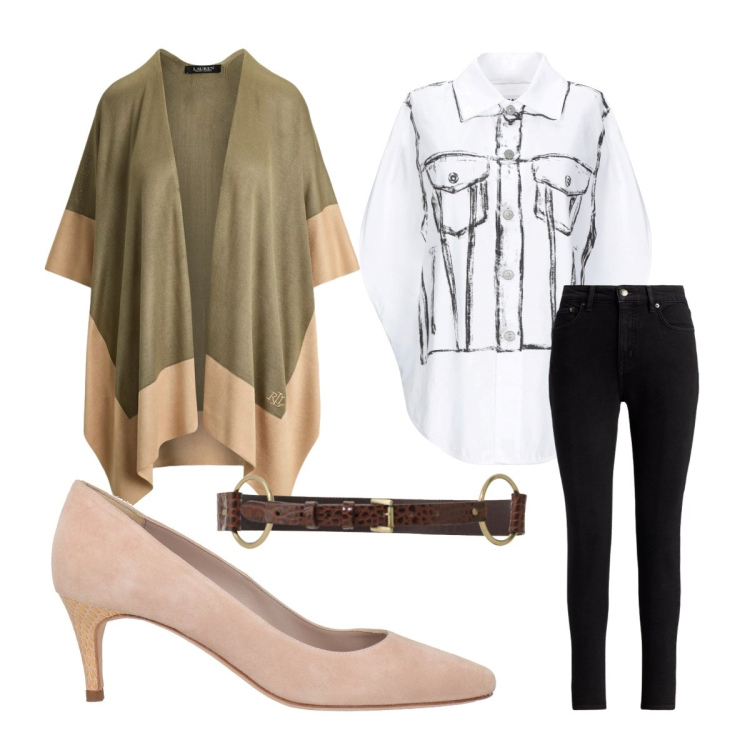 Outfit donna - L’autunno si avvicina. Stile Bon Ton per Ufficio. Abbinamento con camicie a manica corta, décolleté, cinture, cappe, jeans skinny.