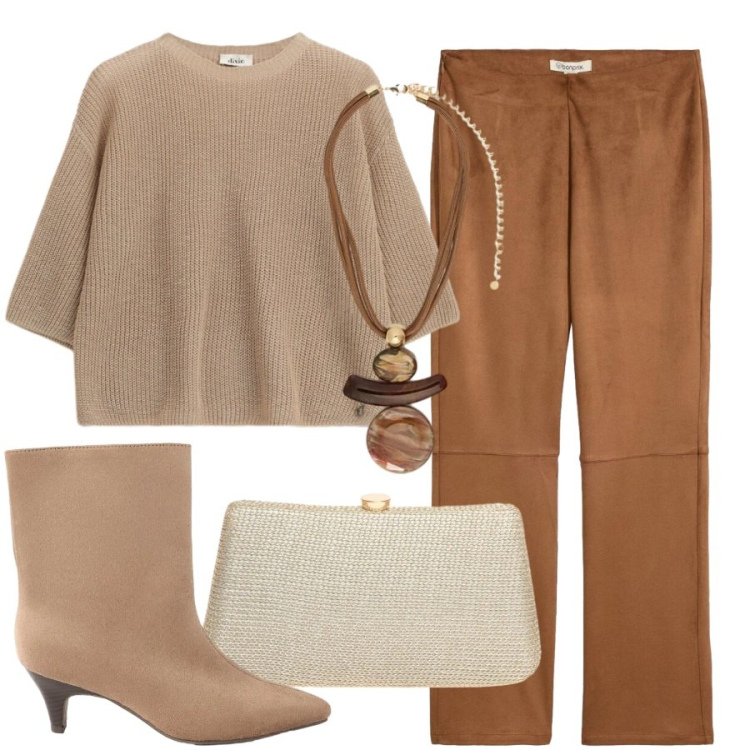 Outfit donna - Brilla ogni giorno. Stile Sporty chic per Tutti i giorni. Abbinamento con stivaletti, pantaloni, maglieria, ciondoli, pochette.