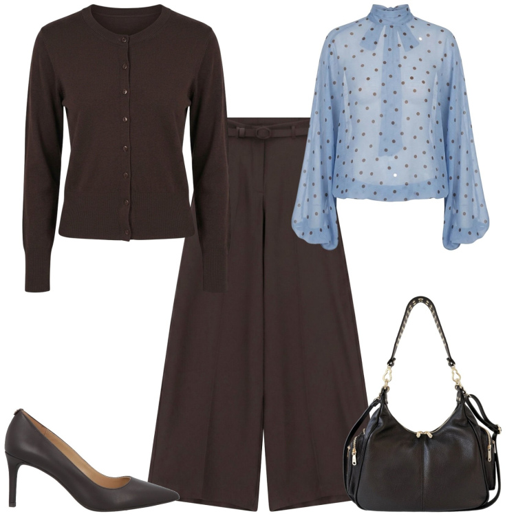 Outfit donna - Casual chic ufficio tempo libero. Stile Casual chic per Tutti i giorni. Abbinamento con décolleté, pantaloni a palazzo, cardigans, borse a spalla, bluse.