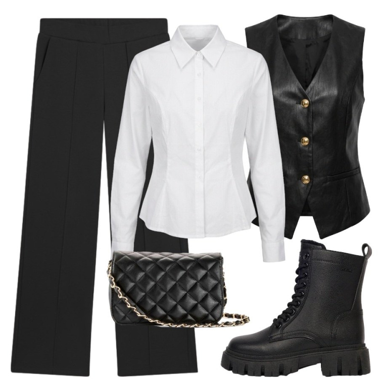 Outfit donna - Serata rock. Stile Rock per Serata fuori. Abbinamento con borse a tracolla, anfibi, pantaloni, gilet, camicie.